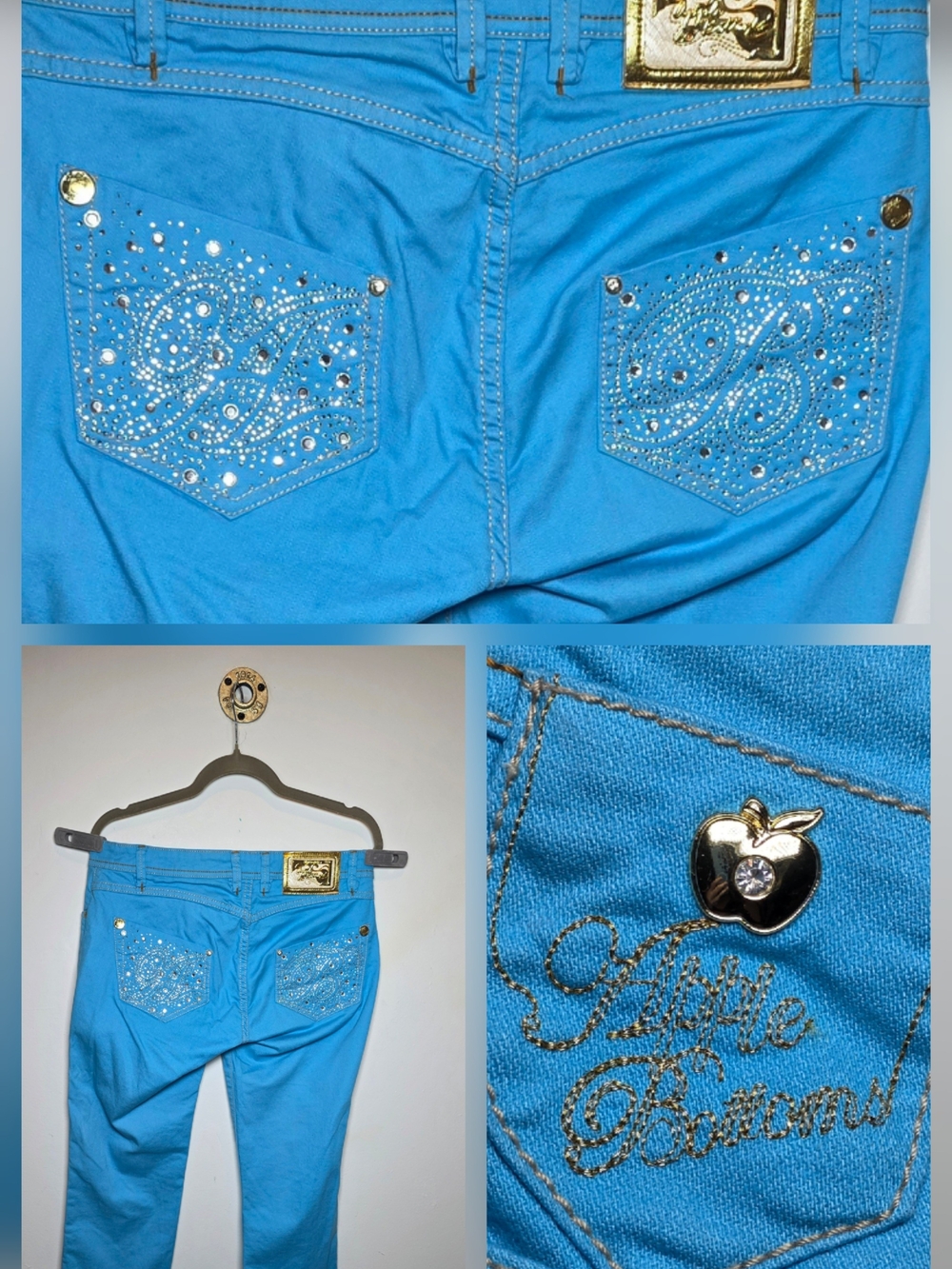 VTG Y2K Apple Bottoms Turquoise Capri Jeans Rhinestone Crystals Size 9/10